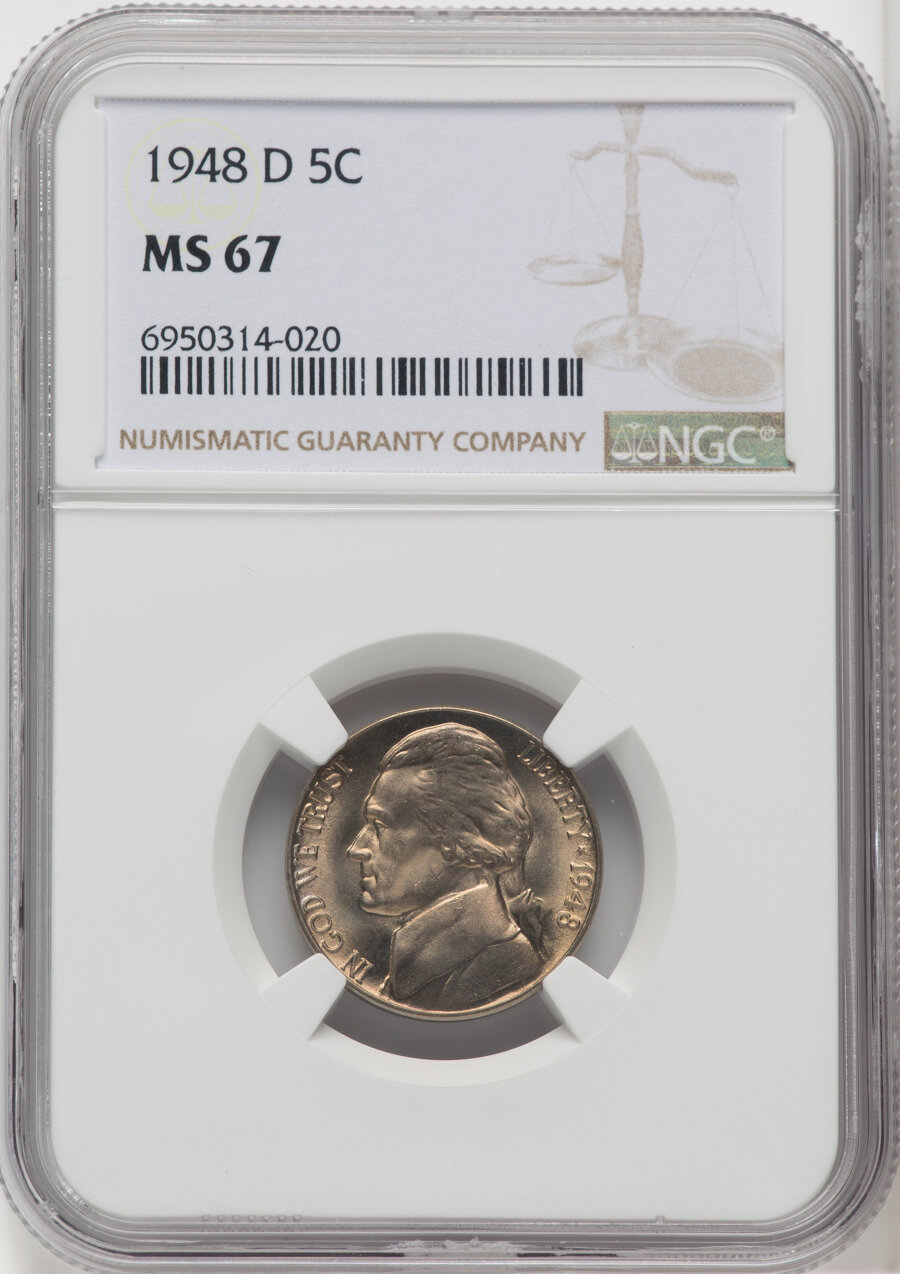 1948-D 5C MS67 NGC. NGC Census: (163/1). PCGS Population: (33/0). CDN: $190 Whsle. Bid for NGC/PCGS MS67. Mintage 44,734,00...