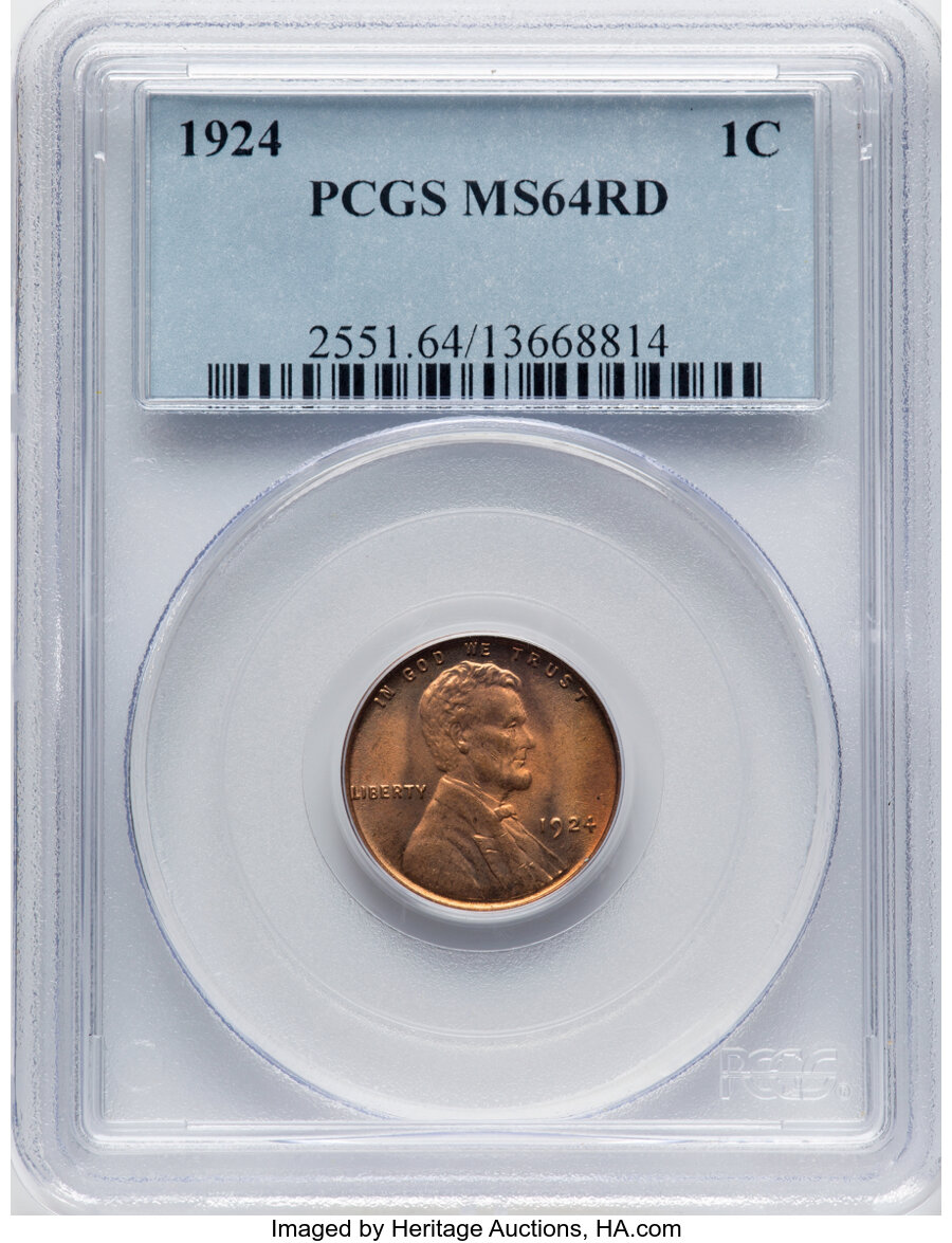 1924 1C MS64 Red PCGS. PCGS Population: (298/351). NGC Census: (62/82). CDN: $120 Whsle. Bid for NGC/PCGS MS64. Mintage 75,...