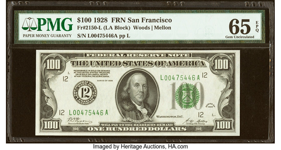 Fr. 2150-L $100 1928 Federal Reserve Note. PMG Gem Uncirculated 65 EPQ....