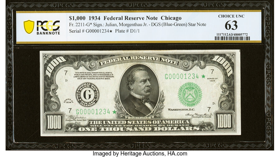 Fr. 2211-G* $1,000 1934 Federal Reserve Star Note. PCGS Banknote Choice Unc 63....