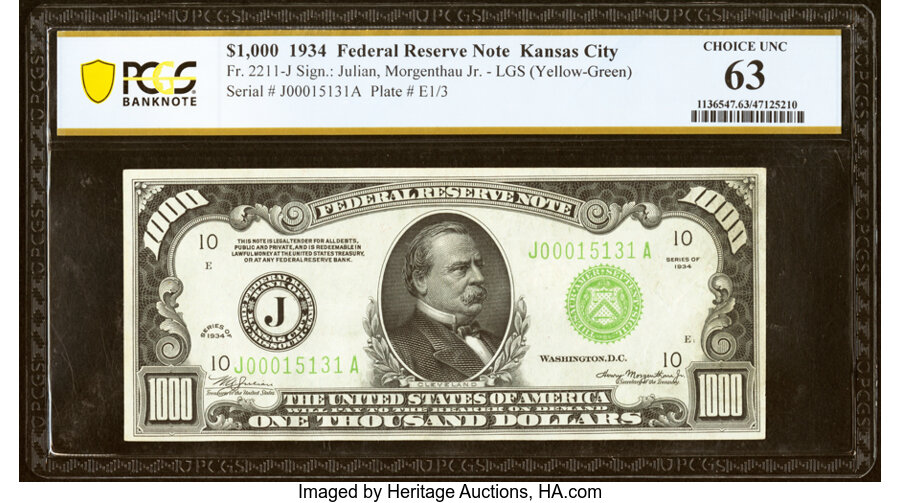 Fr. 2211-J $1,000 1934 Light Green Seal Federal Reserve Note. PCGS Banknote Choice Unc 63....