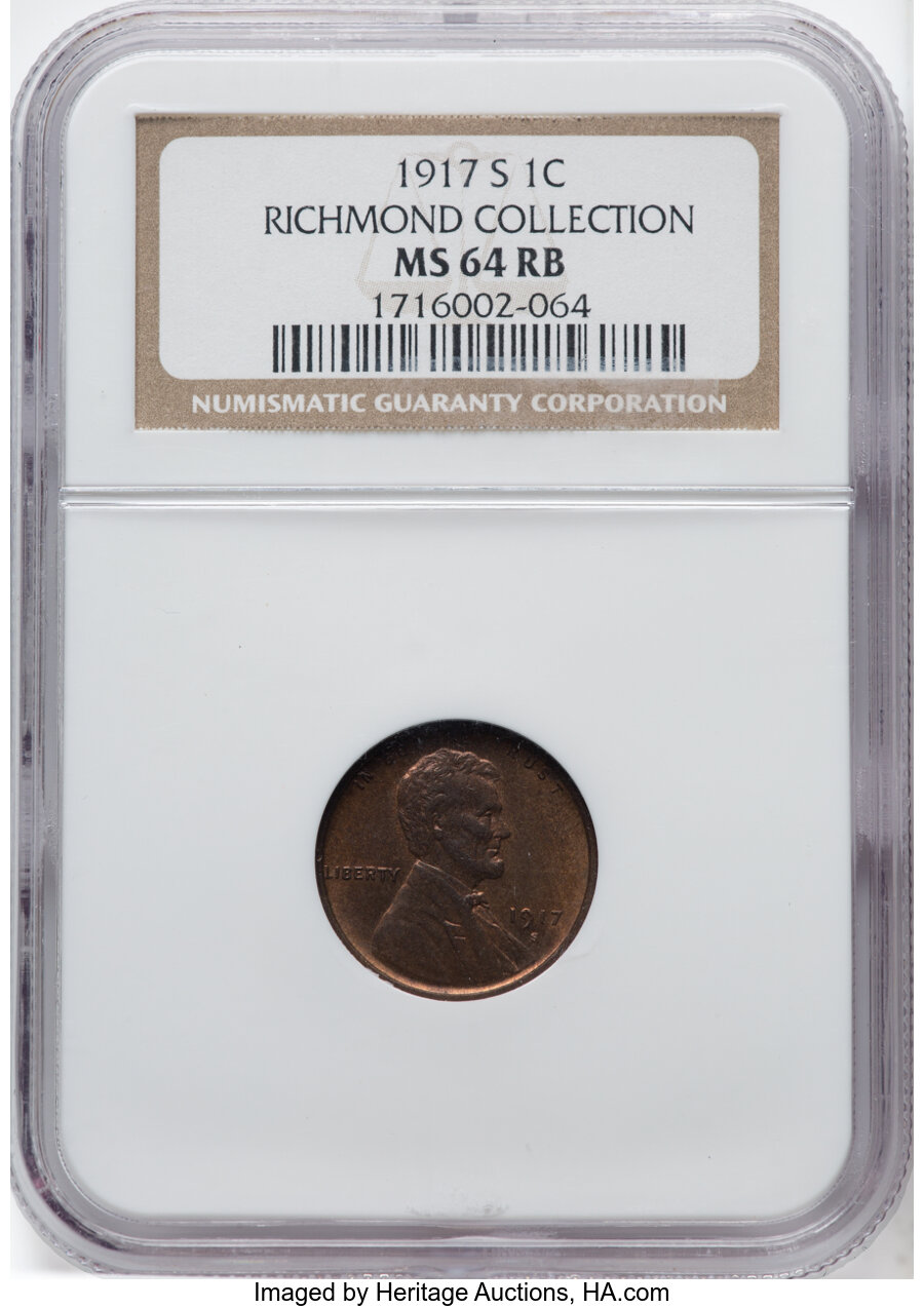 1917-S 1C MS64 Red and Brown NGC. Ex: Richmond Collection. NGC Census: (104/24). PCGS Population: (246/59). CDN: $275 Whsle...