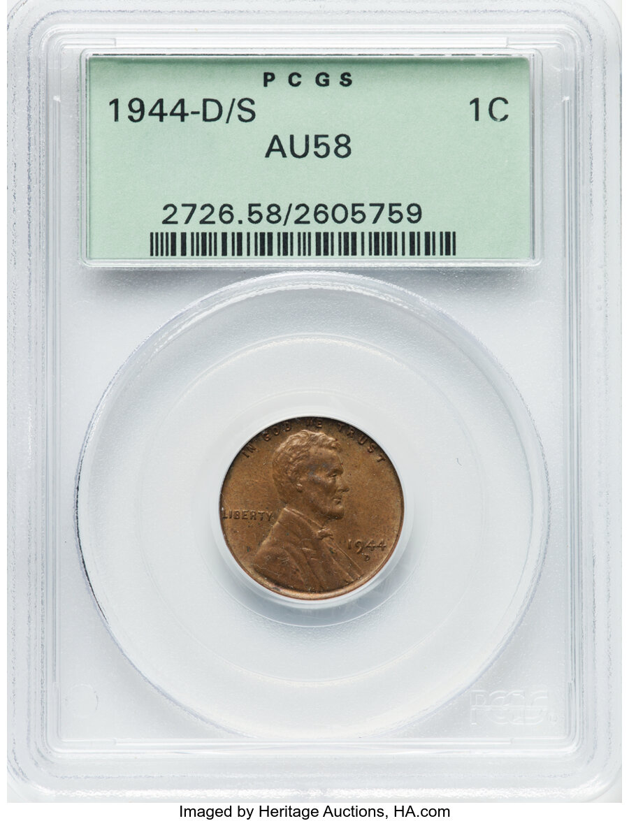 1944-D/S 1C AU58 PCGS. PCGS Population: (18/10). NGC Census: (10/14). CDN: $240 Whsle. Bid for NGC/PCGS AU58. Mintage 430,5...