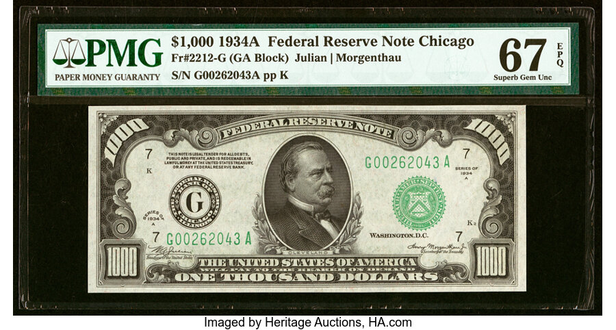 Fr. 2212-G $1,000 1934A Federal Reserve Note. PMG Superb Gem Unc 67 EPQ....
