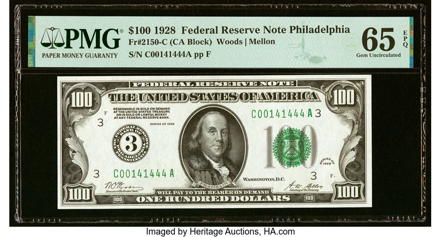 Fr. 2150-C $100 1928 Federal Reserve Note. PMG Gem Uncirculated 65 EPQ....