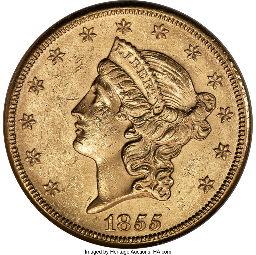 1855-S $20 Bold S MS