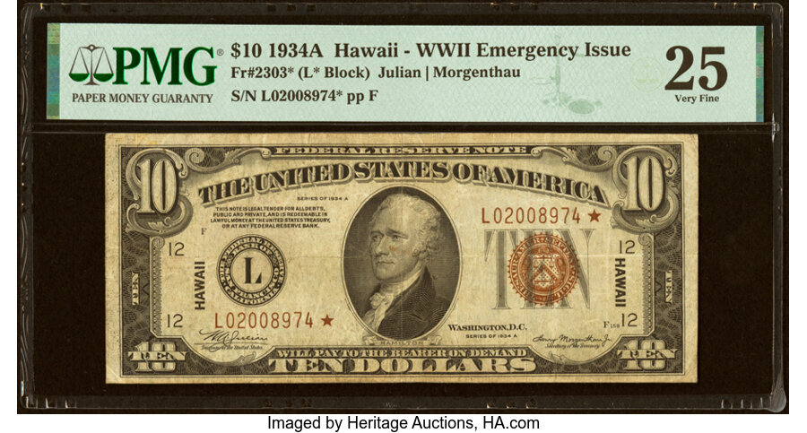 Fr. 2303* $10 1934A Hawaii Federal Reserve Star Note. PMG Very Fine 25....
