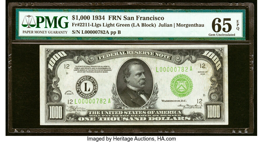 Fr. 2211-L $1,000 1934 Light Green Seal Federal Reserve Note. PMG Gem Uncirculated 65 EPQ....