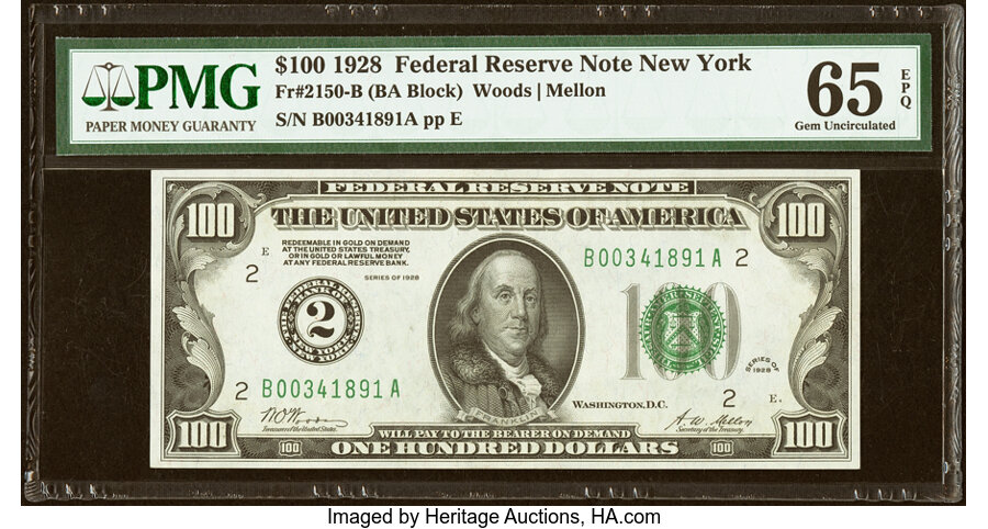 Fr. 2150-B $100 1928 Federal Reserve Note. PMG Gem Uncirculated 65 EPQ....