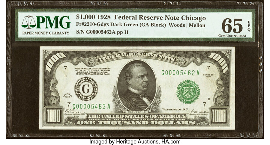 Fr. 2210-G $1,000 1928 Dark Green Seal Federal Reserve Note. PMG Gem Uncirculated 65 EPQ....