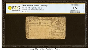 image for: New York September 15, 1755 £5 PCGS Banknote Choice Fine 15 Details....