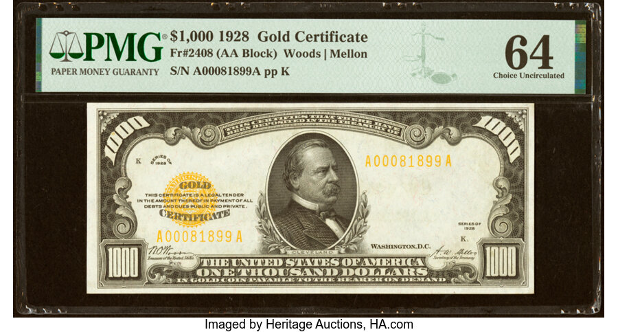 Fr. 2408 $1,000 1928 Gold Certificate. PMG Choice Uncirculated 64....