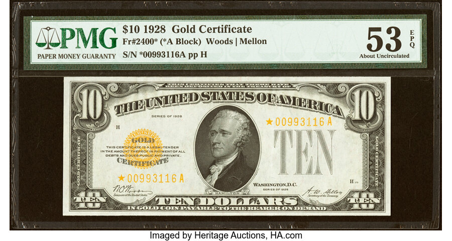 Fr. 2400* $10 1928 Gold Certificate Star. PMG About Uncirculated 53 EPQ....