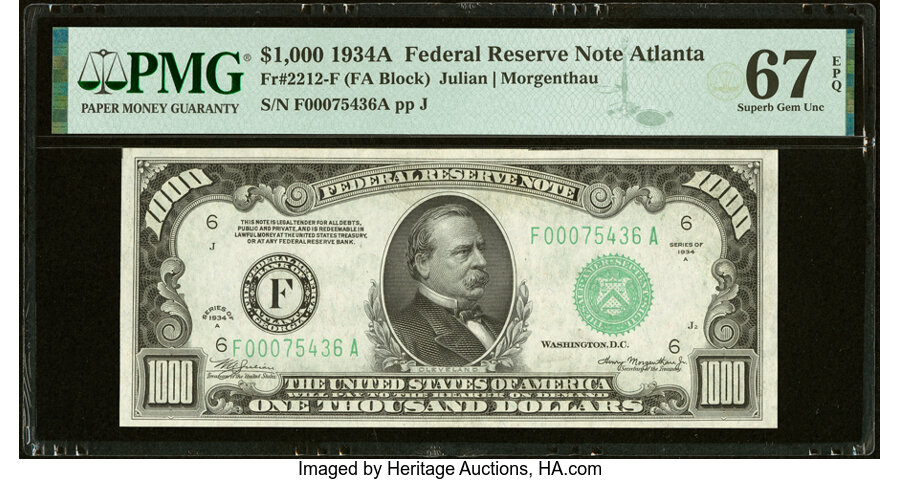 Fr. 2212-F $1,000 1934A Federal Reserve Note. PMG Superb Gem Unc 67 EPQ....