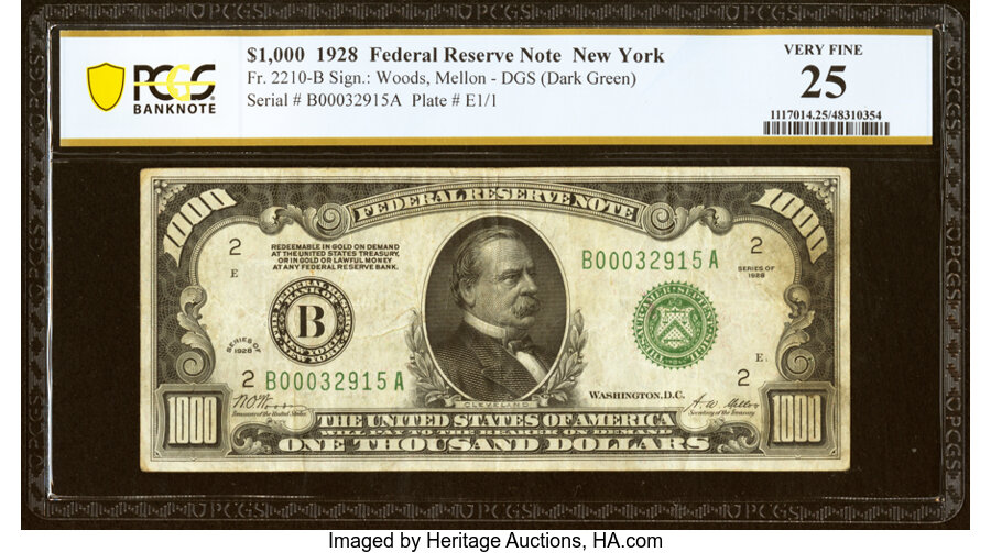 Fr. 2210-B $1,000 1928 Federal Reserve Note. PCGS Banknote Very Fine 25....