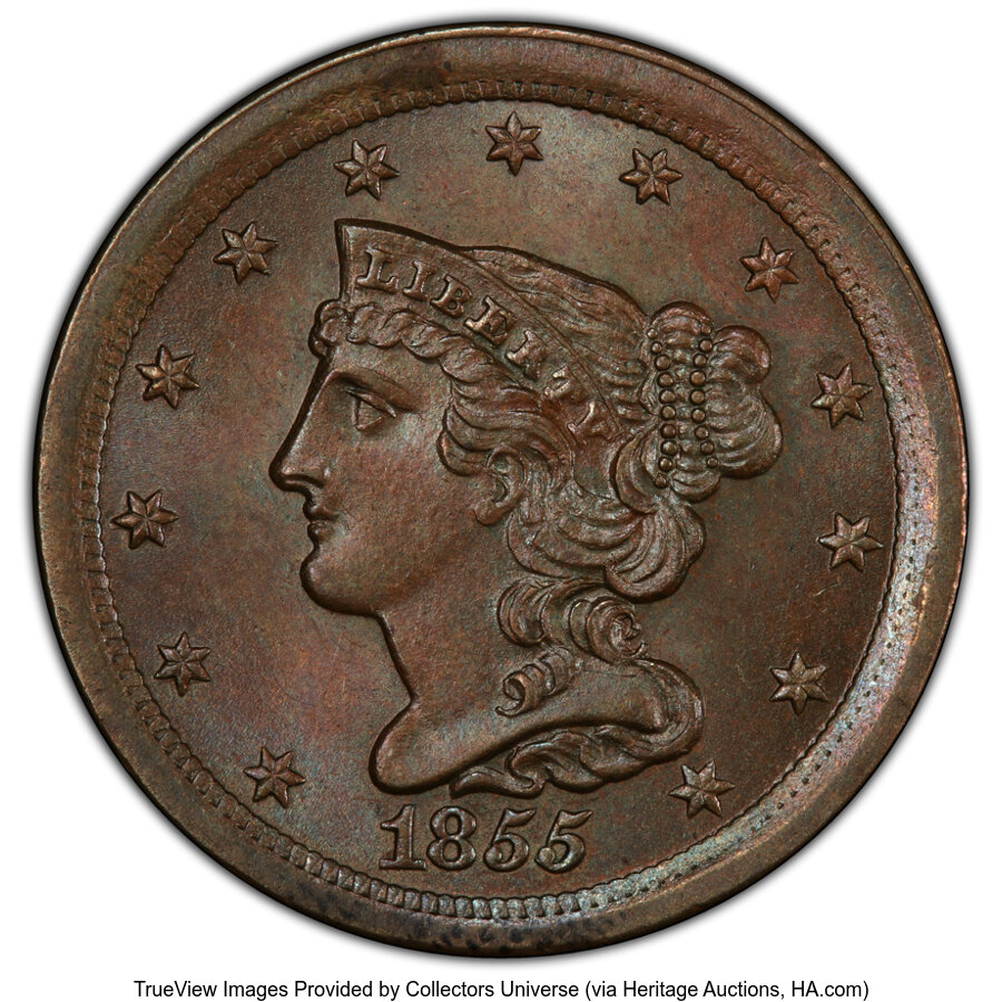 1855 1/2 C C-1, B-1, R.1, MS65+ Brown PCGS. CAC. Fuhrman Die State 2. Population: 60 in 65 (4 in 65+) Brown, 11 finer. CAC:...