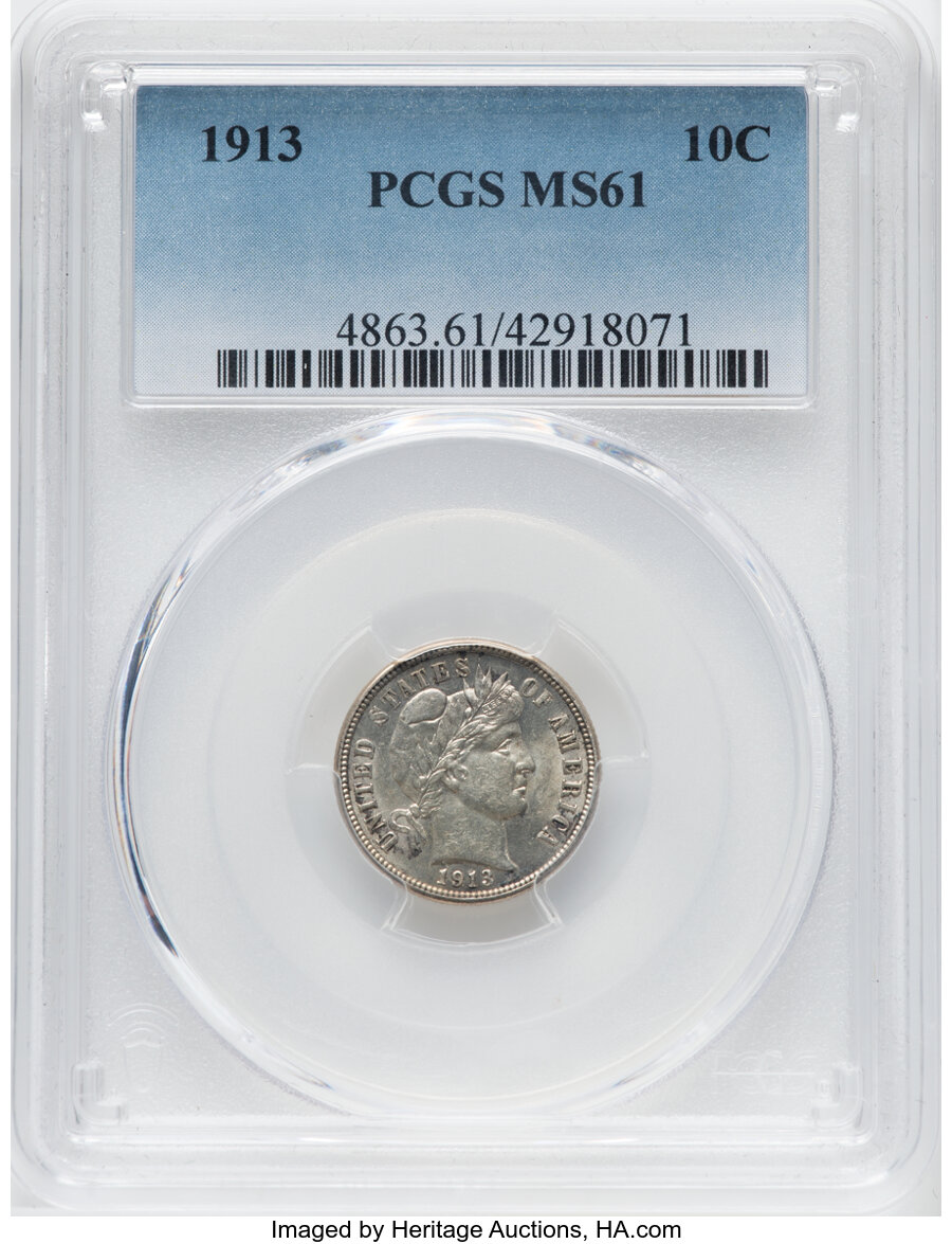1913 10C MS61 PCGS. PCGS Population: (34/901). NGC Census: (48/674). CDN: $120 Whsle. Bid for NGC/PCGS MS61. Mintage 19,760...