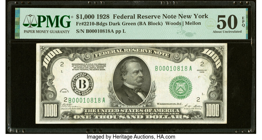 Fr. 2210-B $1,000 1928 Federal Reserve Note. PMG About Uncirculated 50 EPQ....