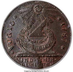 image for: 1787 Fugio Cent, STATES UNITED, 4 Cinquefoils, Pointed Rays, N. 8-X, W-6750, R.3, MS64 Brown PCGS. CAC....