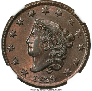 image for: 1829 1C Large Letters, N-8, R.1, MS64 Red and Brown NGC....