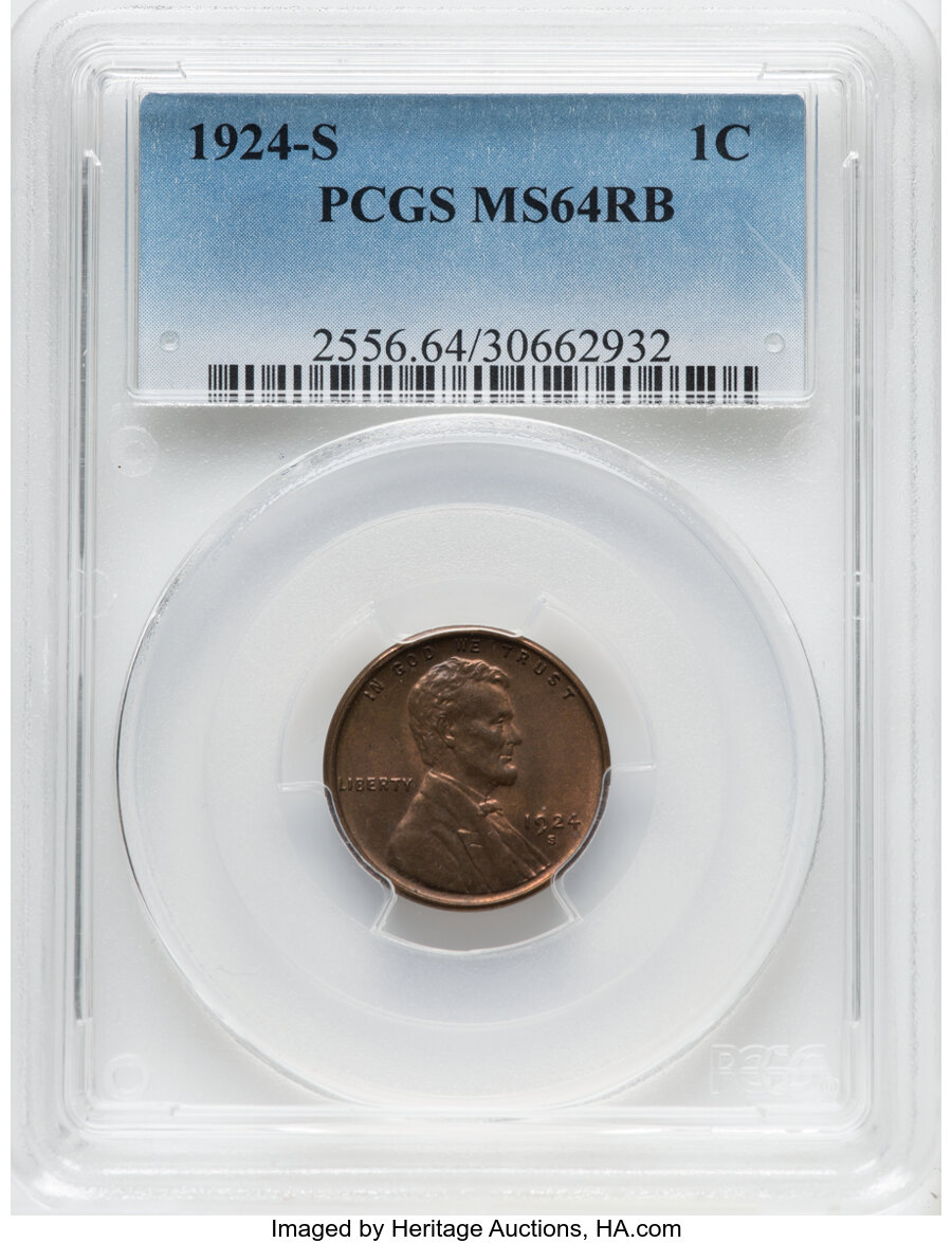 1924-S 1C MS64 Red and Brown PCGS. PCGS Population: (236/39). NGC Census: (83/18). CDN: $1,000 Whsle. Bid for NGC/PCGS MS64...