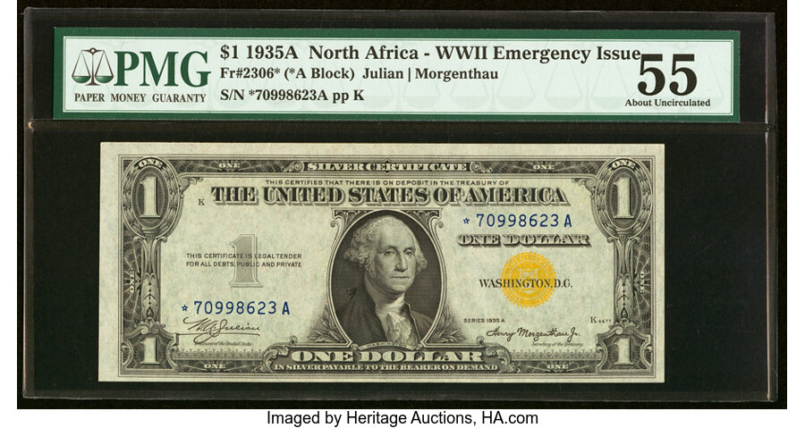 Fr. 2306* $1 1935A North Africa Silver Certificate Star. PMG About Uncirculated 55....