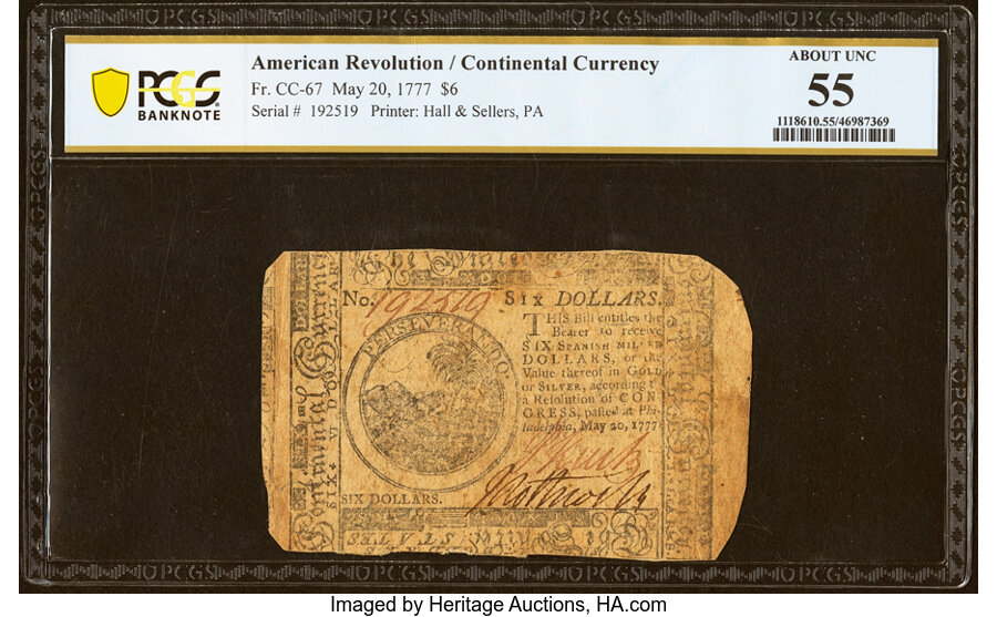 Continental Currency May 20, 1777 $6 PCGS Banknote About Unc 55....