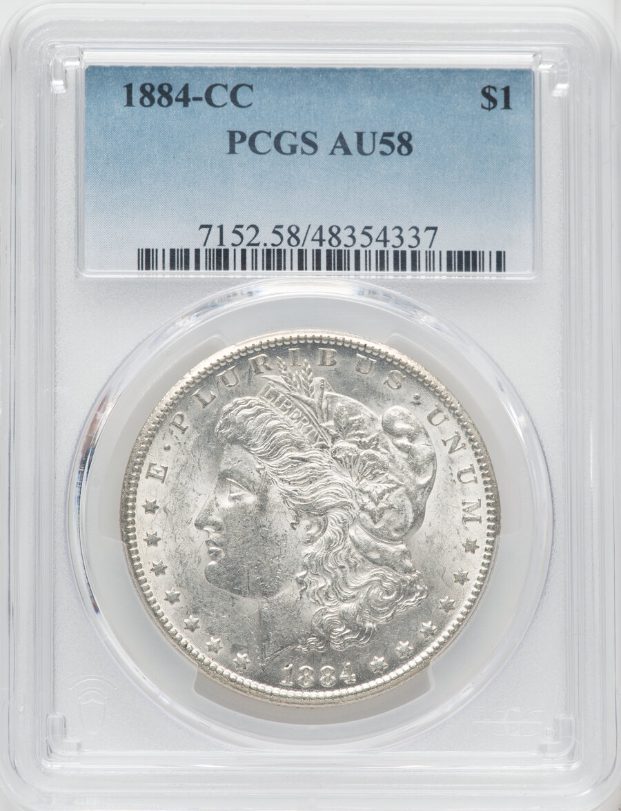 1884-CC $1 AU58 PCGS. PCGS Population: (60/55327). NGC Census: (64/30509). CDN: $260 Whsle. Bid for NGC/PCGS AU58. Mintage ...