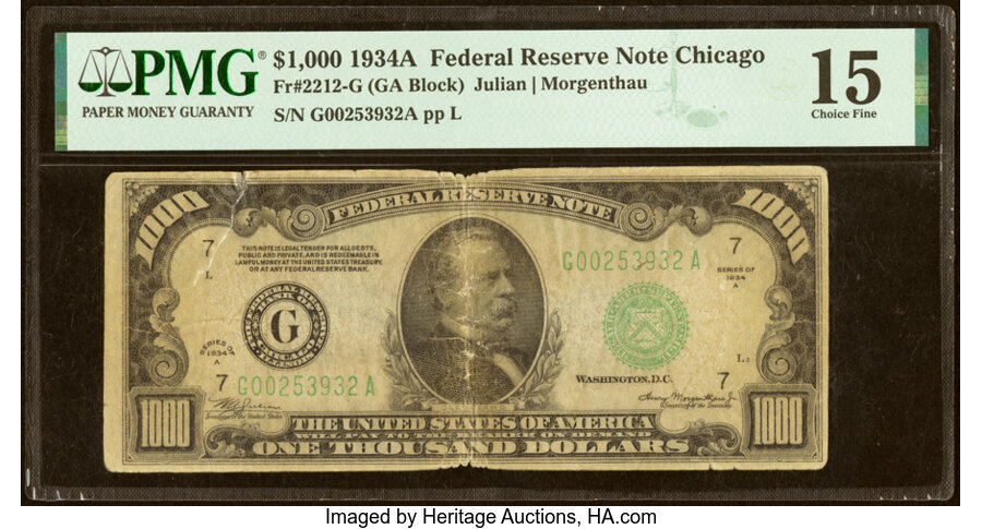 Fr. 2212-G $1,000 1934A Federal Reserve Note. PMG Choice Fine 15....