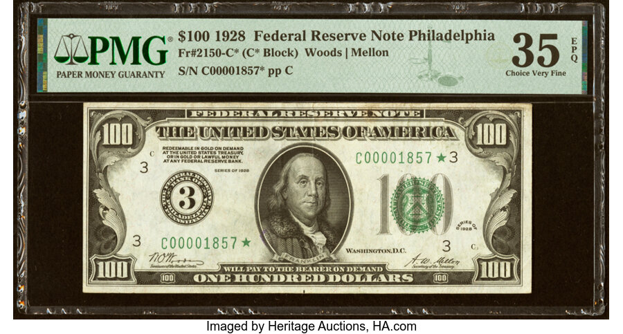 Low Serial Number 1857 Fr. 2150-C* $100 1928 Federal Reserve Star Note. PMG Choice Very Fine 35 EPQ....