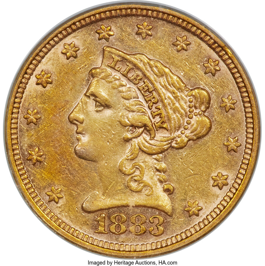 1883 $2 1/2 AU55 PCGS. The 1883 quarter eagle boasts a scant mintage of only 1,920 pieces. Many examples show semiprooflike...