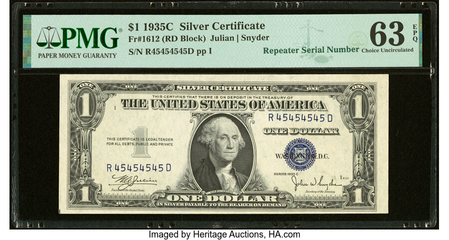Super Repeater Serial Number 45454545 Fr. 1612 $1 1935C Silver Certificate. PMG Choice Uncirculated 63 EPQ....