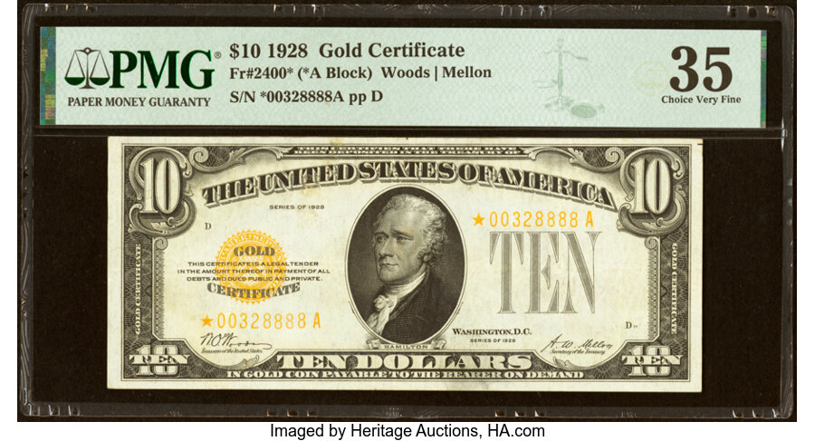 Fr. 2400* $10 1928 Gold Certificate Star. PMG Choice Very Fine 35....