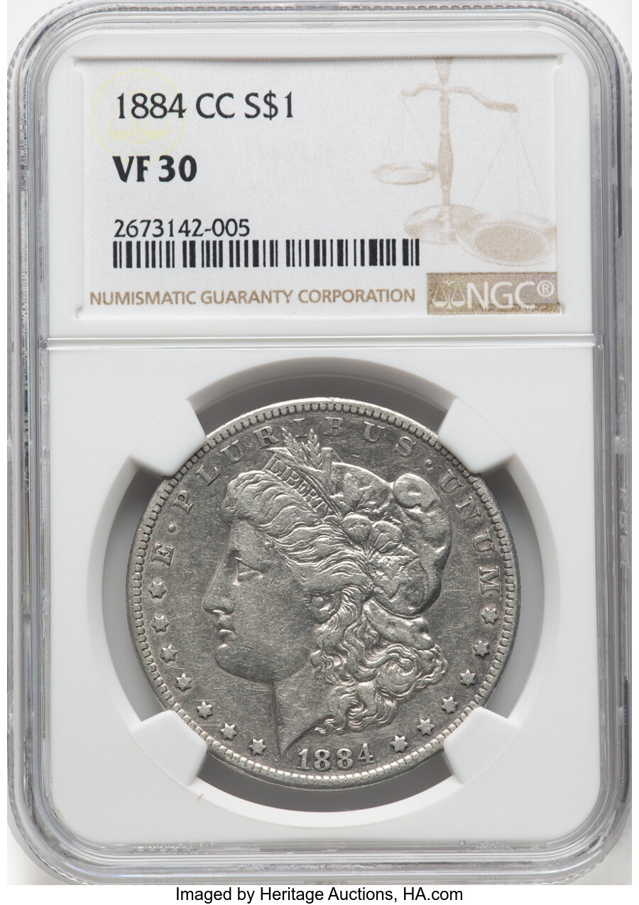 1884-CC $1 VF30 NGC. NGC Census: (5/30643). PCGS Population: (11/55517). CDN: $150 Whsle. Bid for NGC/PCGS VF30. Mintage 1,...