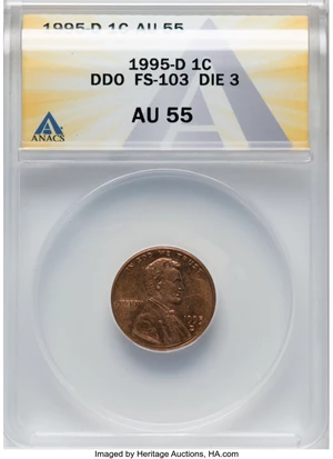 image for: 1995-D 1C Doubled Die Obverse, FS-103, Die 3, AU55 ANACS....