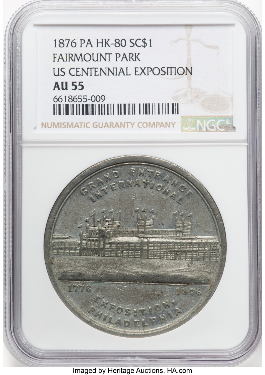 1876 U.S. Centennial Exposition, Fairmount Park, White Metal, HK-80, R.6, AU55 NGC. PA....