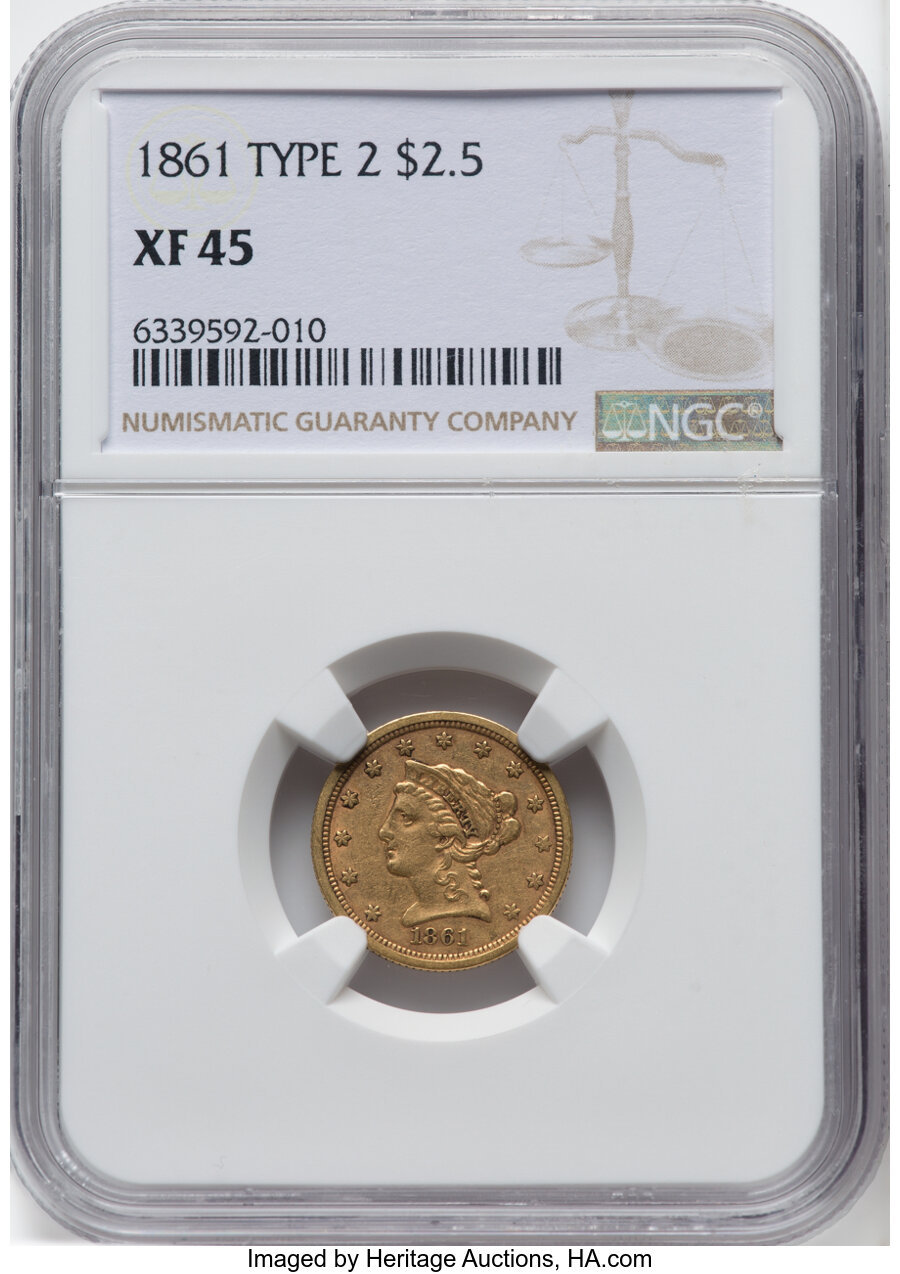1861 $2 1/2 New Reverse, Type Two, XF45 NGC. NGC Census: (15/2337). PCGS Population: (56/1797). CDN: $510 Whsle. Bid for NG...