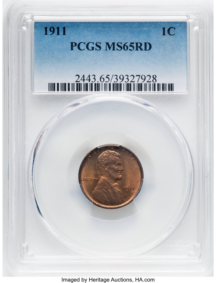 1911 1C MS65 Red PCGS. PCGS Population: (238/154). NGC Census: (54/38). CDN: $400 Whsle. Bid for NGC/PCGS MS65. Mintage 101...