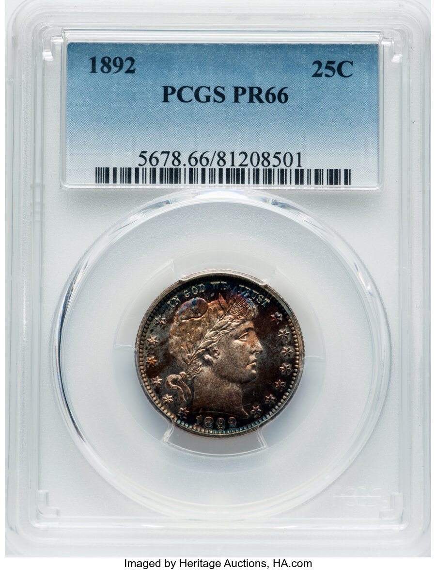 1892 25C PR66 PCGS. PCGS Population: (31/16). NGC Census: (30/40). CDN: $1,450 Whsle. Bid for NGC/PCGS PR66. Mintage 1,245....