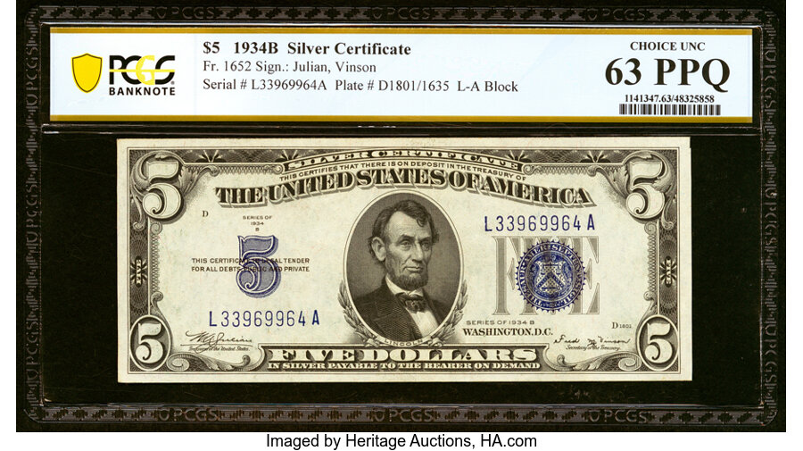 Fr. 1652 $5 1934B Silver Certificate. PCGS Banknote Choice Unc 63 PPQ....