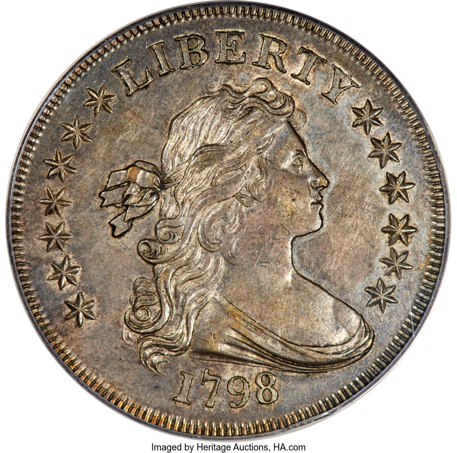 1798 $1 Small Eagle, 13 Stars, B-1, BB-82, R.3, AU58+ PCGS....