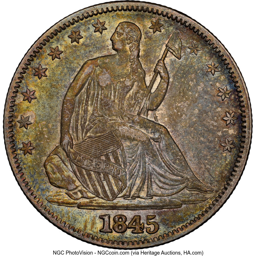 1845 50C AU58 NGC. NGC Census: (10/13). PCGS Population: (8/16). CDN: $1,100 Whsle. Bid for NGC/PCGS AU58. Mintage 589,000....