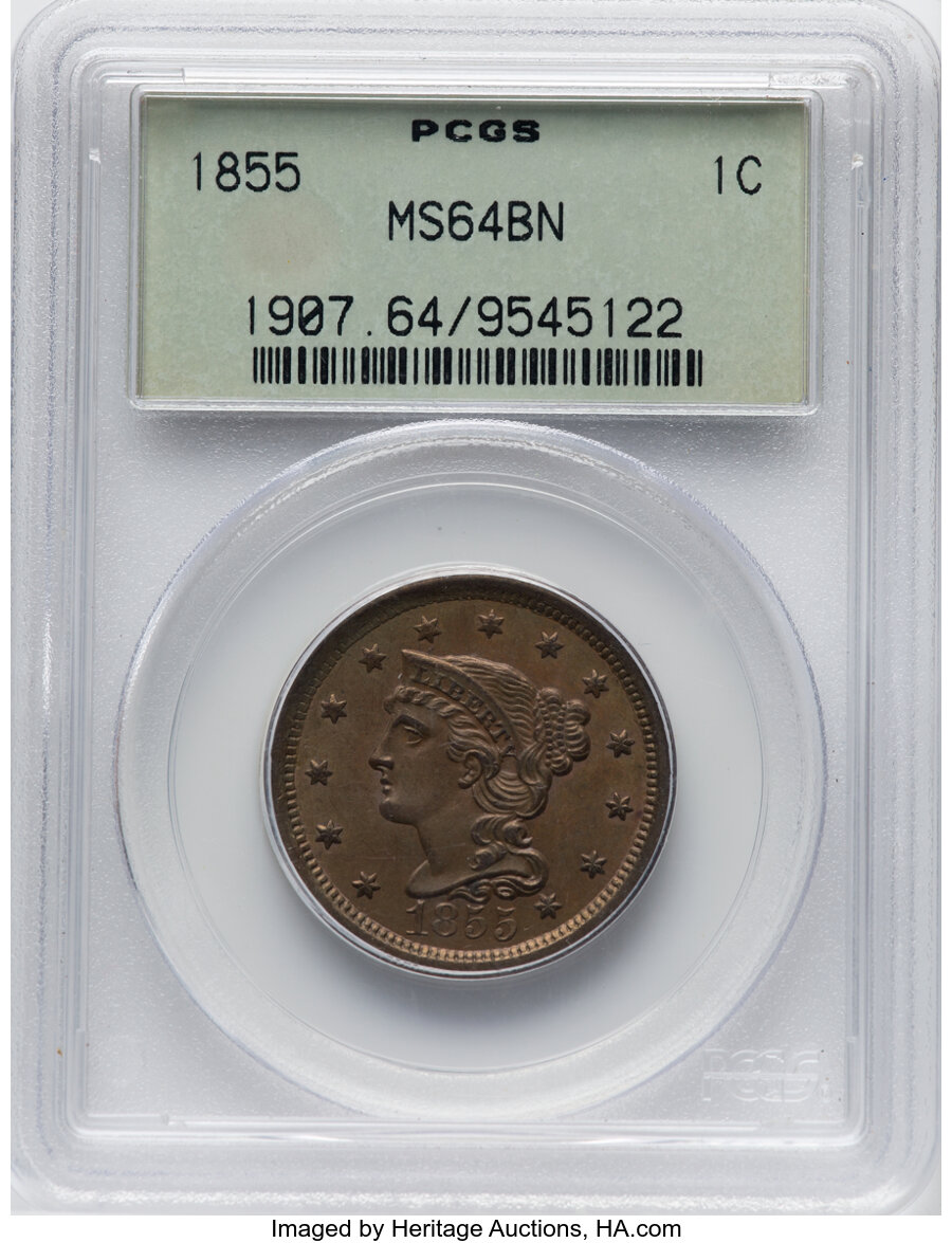 1855 1c Upright 55, N-2 MS BN