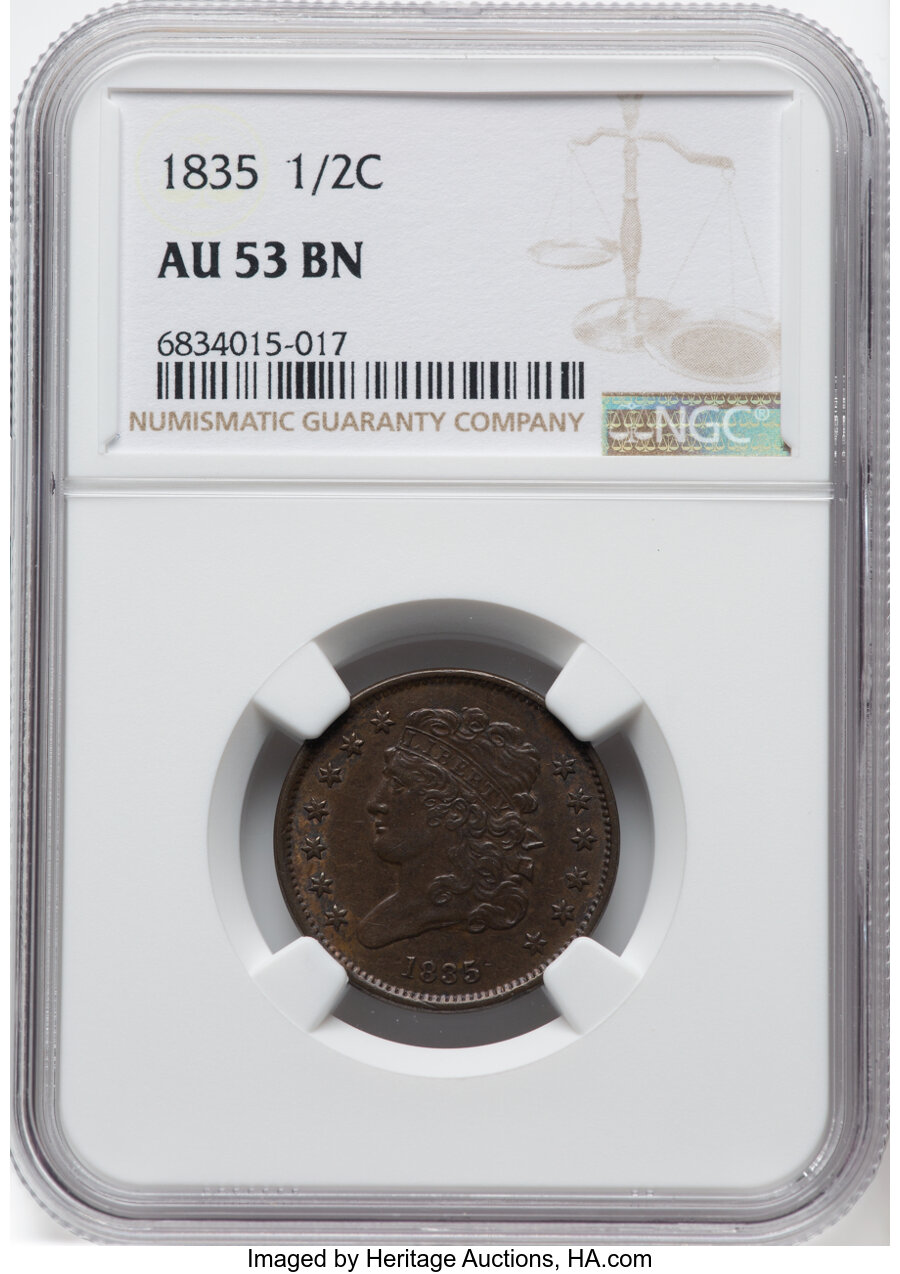1835 1/2 C C-1, B-1, R.1, AU53 NGC. NGC Census: (59/855). PCGS Population: (111/989). CDN: $145 Whsle. Bid for NGC/PCGS AU5...