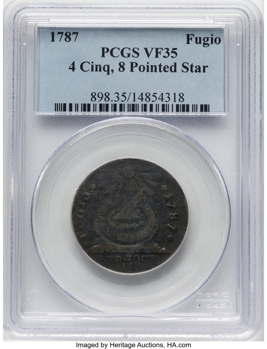 image for: 1787 Fugio Cent, Eight-Pointed Stars, 4 Cinquefoils, STATES UNITED, N. 15-Y, W-6915, R.2, VF35 PCGS....