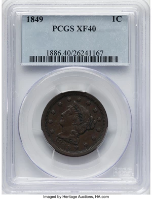image for: 1849 1C N-20, R.1, XF40 PCGS. CDN: $75 Whsle. Bid for NGC/PCGS XF40. Mintage 4,178,500....