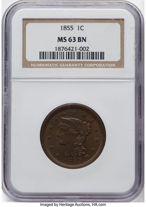 image for: 1855 1C N-3, R.1, MS63 Brown NGC. CDN: $235 Whsle. Bid for NGC/PCGS MS63....