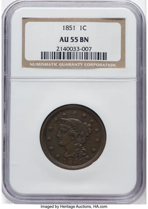 image for: 1851 1C N-18, R.1, AU55 NGC. \CDN: $120 Whsle. Bid for NGC/PCGS AU55. Mintage 9,889,707....