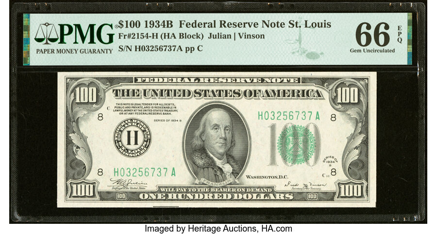 Fr. 2154-H $100 1934B Federal Reserve Note. PMG Gem Uncirculated 66 EPQ....