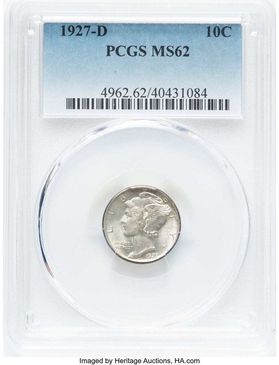 1927-D 10C MS62 PCGS. PCGS Population: (29/180). NGC Census: (39/109). CDN: $440 Whsle. Bid for NGC/PCGS MS62. Mintage 4,81...